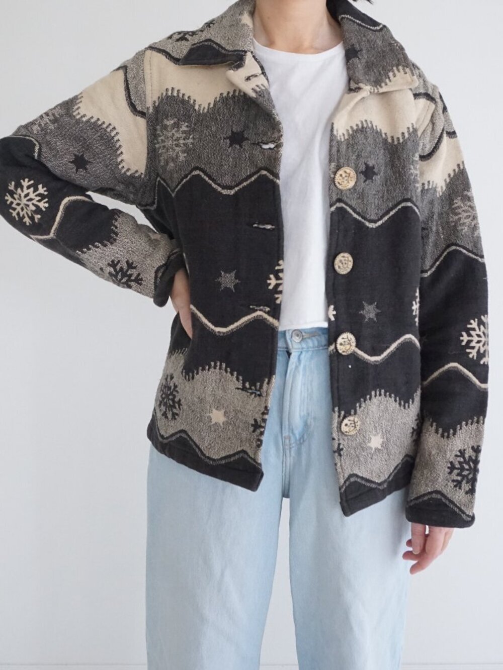 Vintage Coldwater Creek Black Gray Snowflake Nordic Western Tapestry Jacket L